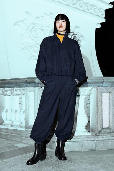 Zara 細條紋飛行員外套 - 海藍色 / 白色