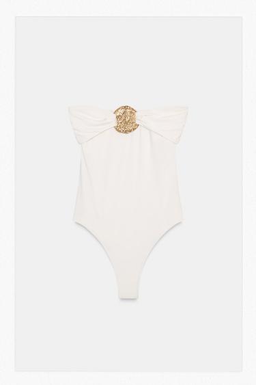 Zara METALLIC BANDEAU SWIMSUIT - Ecru