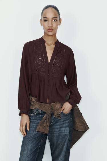 Zara EMBROIDERED SHIRT - Brown