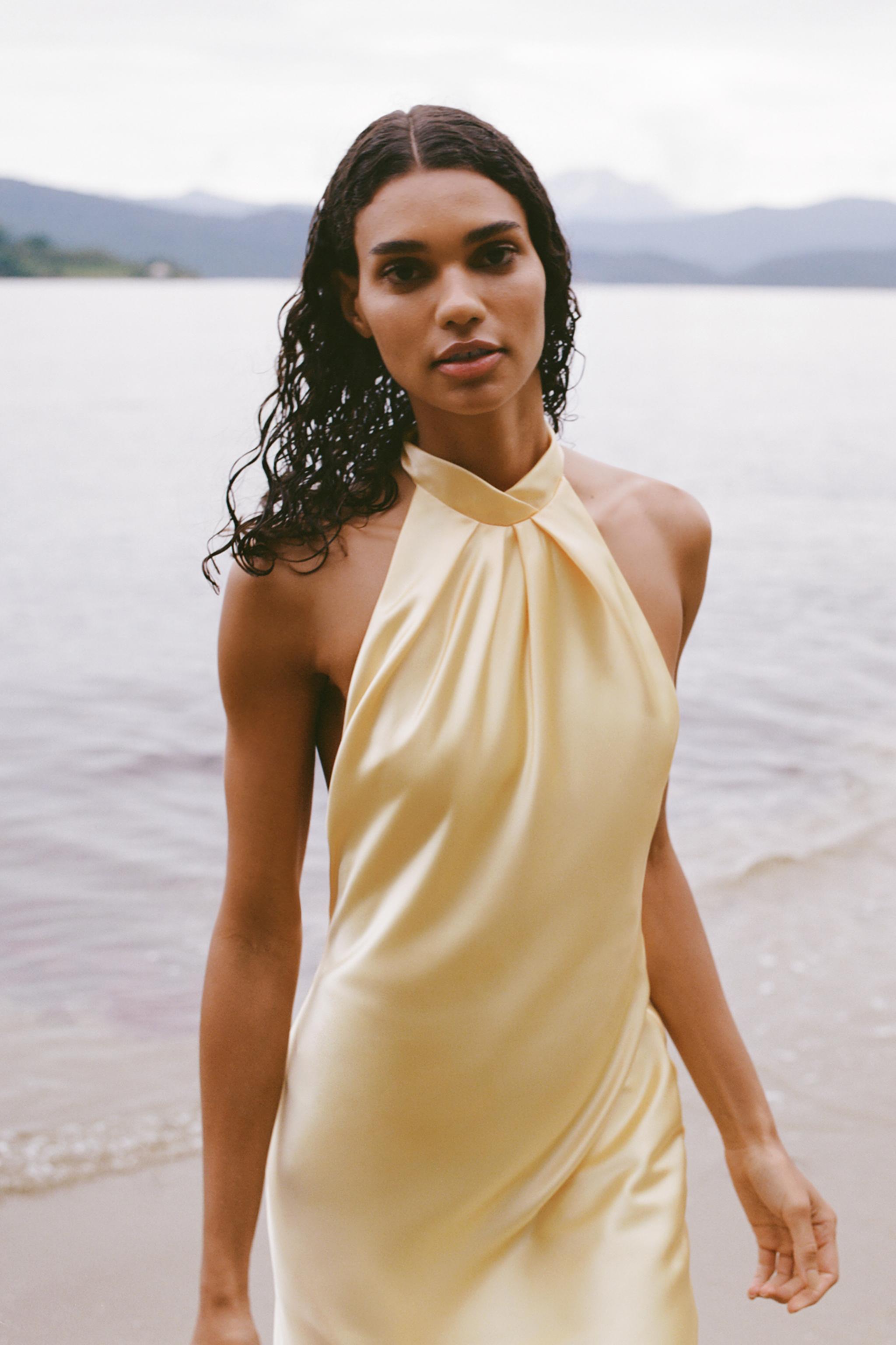 SATIN HALTER MIDI DRESS Yellow ZARA Australia