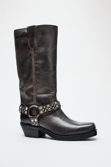 FLAT LEATHER BOOTS WITH APPLIQUÉS - Brown by Zara