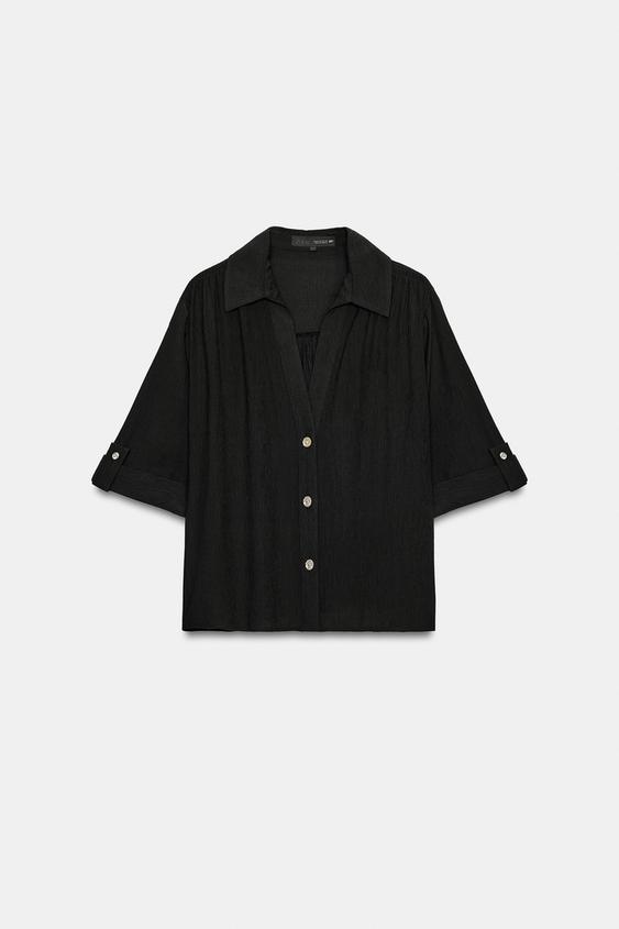 CAMISA TEXTURA MANGA VUELTA - Negro de Zara - Imagen 0