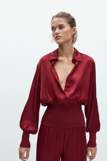 АТЛАСНА СОРОЧКА З РУБЧИКОМ - Каштановий Zara