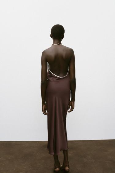 CONTRAST TRIM SATIN MIDI DRESS - Brown by Zara - Image 6