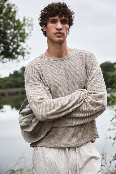Zara OPENWORK TEXTURED T-SHIRT - Brown / Taupe