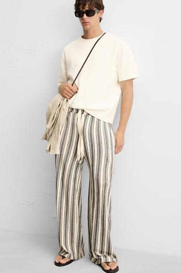 CALÇAS JACQUARD RISCAS - Branco / Azul-marinho da Zara