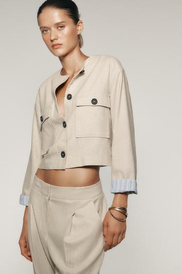 Zara LINEN BLEND SHORT JACKET - Light beige