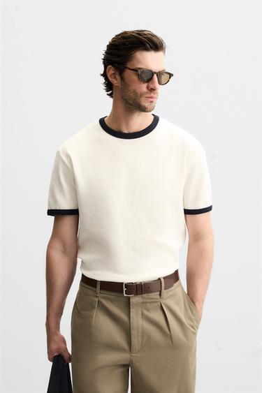 Zara BASIC RIBBED CONTRAST T-SHIRT - Oyster-white