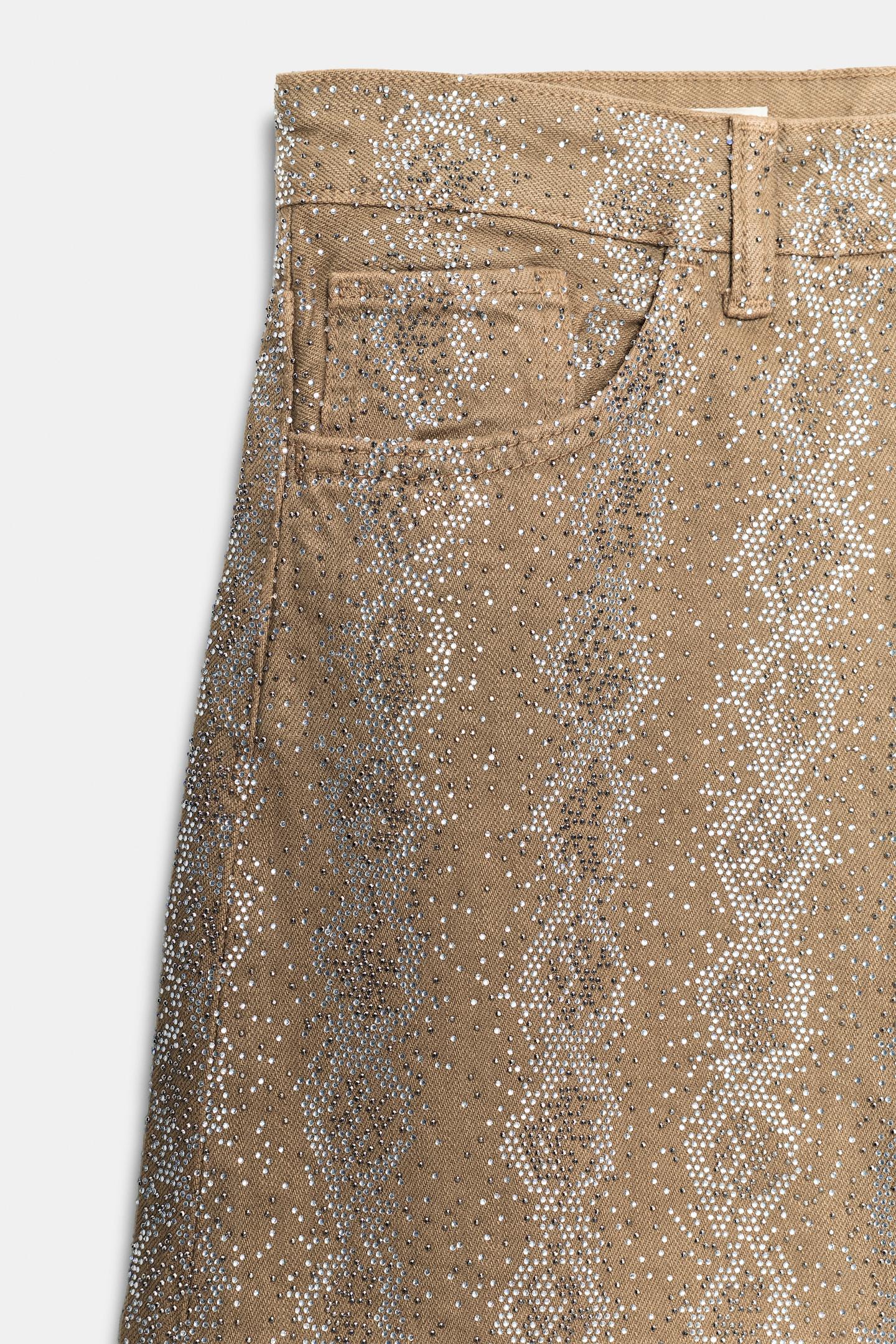 Женские джинсы Zara Mid-Rise Animal Print Sparkle Baggy Trf, цвет: Светлый хаки — фото 9