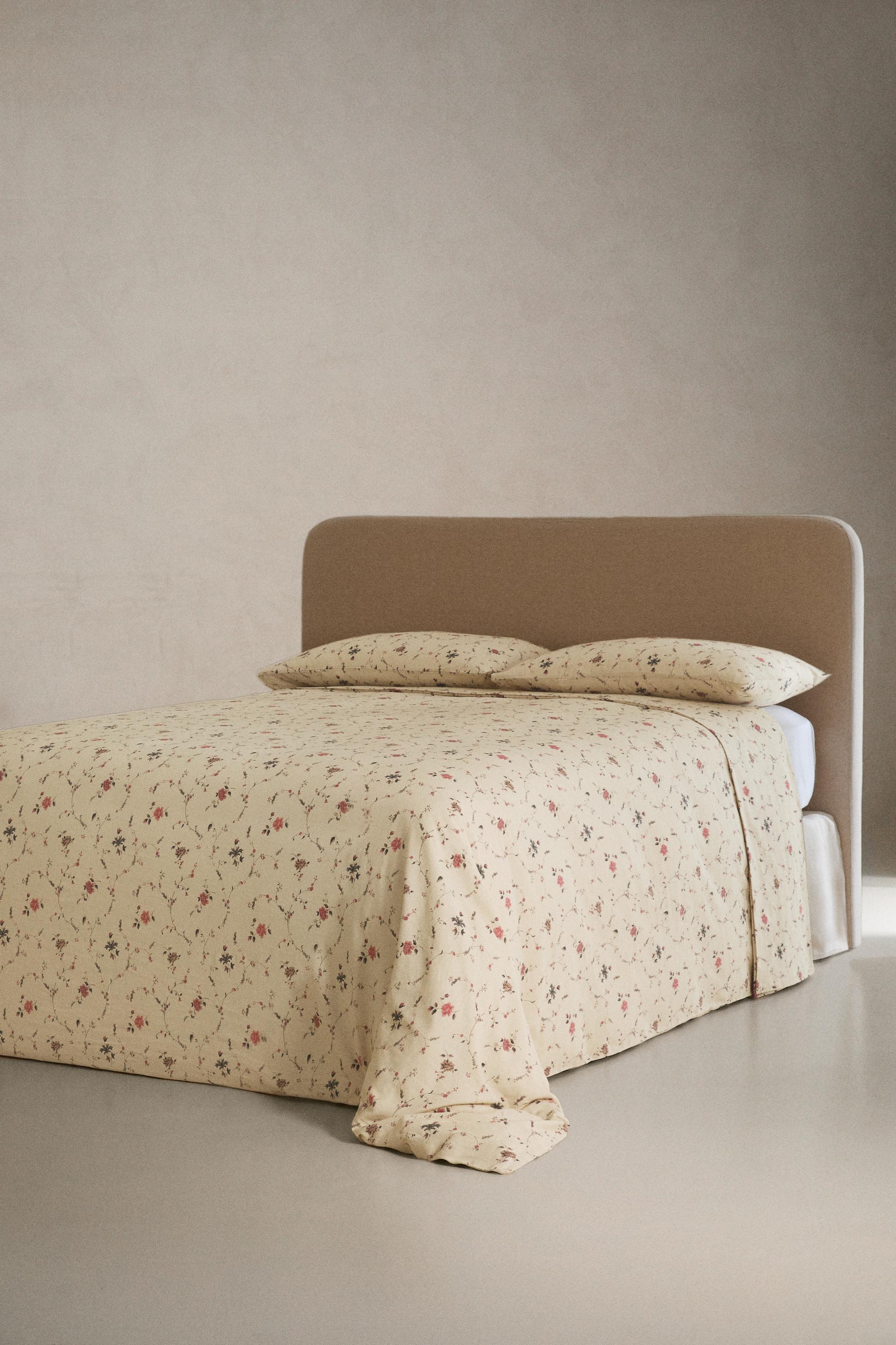 COTTON LINEN FLORAL FLAT SHEET | KATHARINE POLE — Ecru