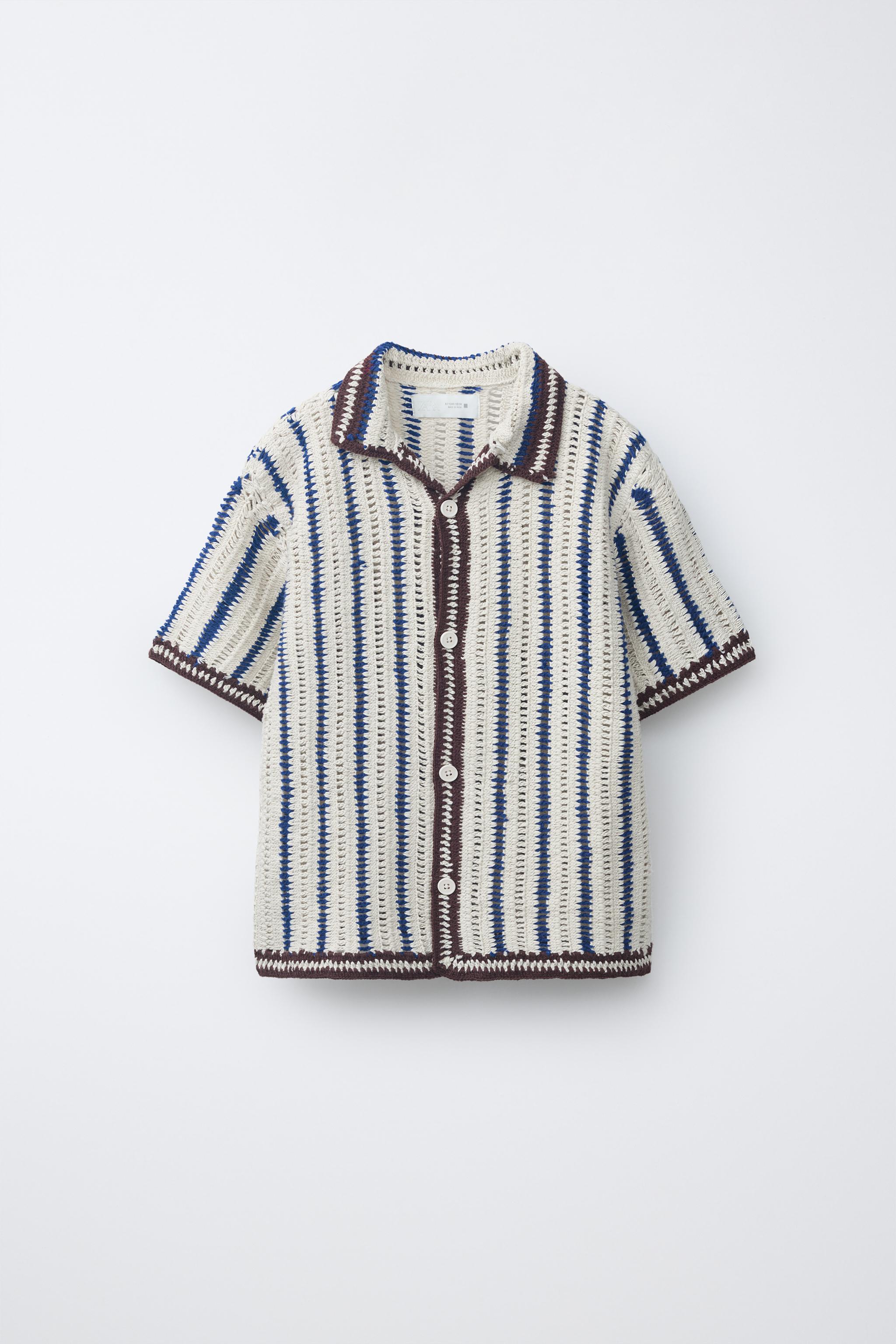 STRIPED CROCHET KNIT OVERSHIRT - Navy blue | ZARA United States