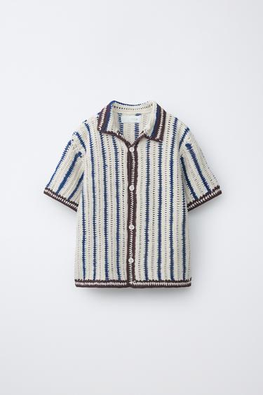 STRIPED CROCHET KNIT OVERSHIRT - Navy blue by Zara