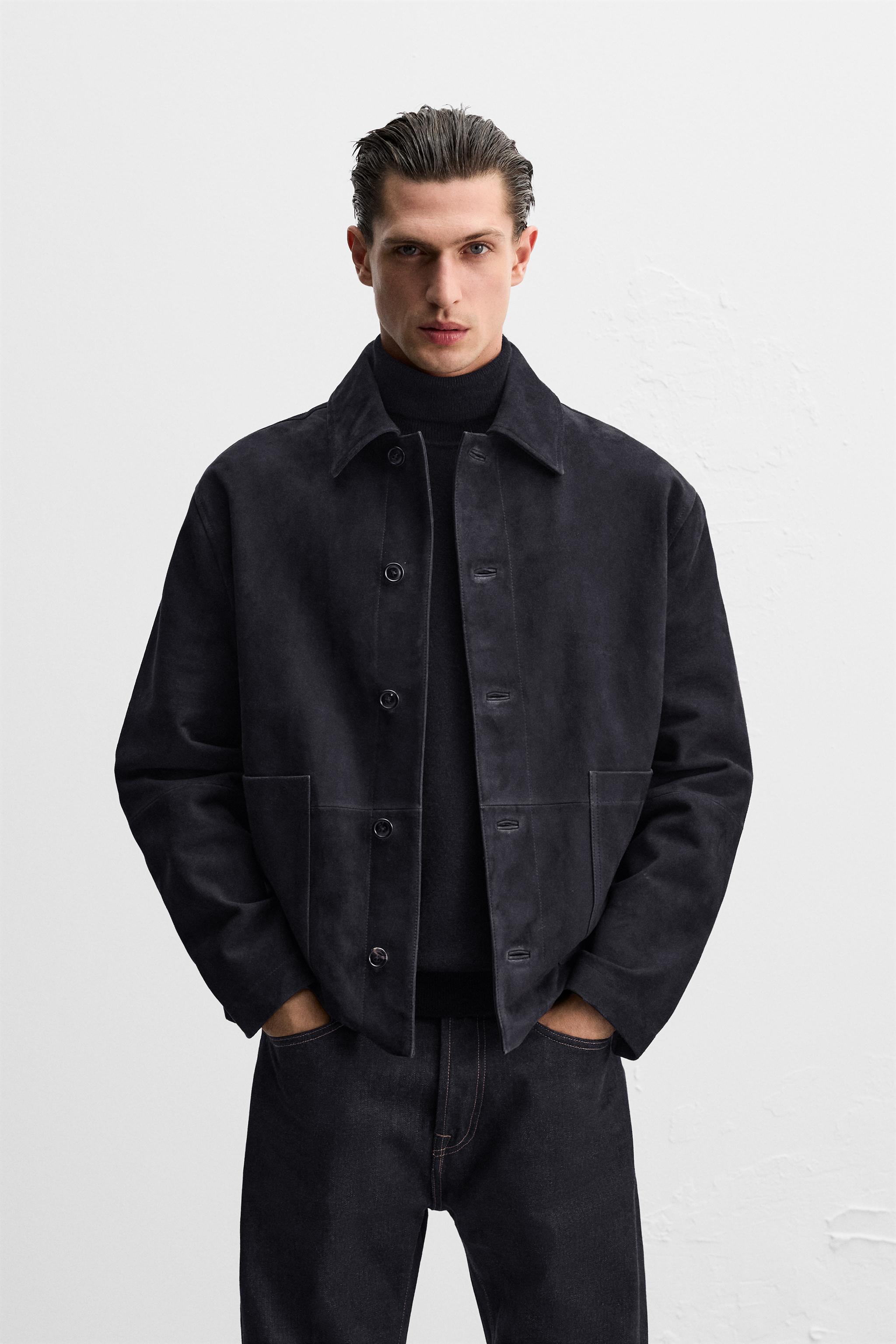 BLOUSON EN CUIR AU FINI DAIM Bleu marine ZARA France