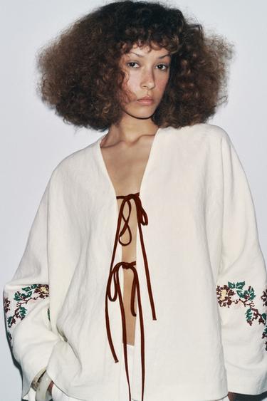 Zara 100% LINEN EMBROIDERED KIMONO - Ecru
