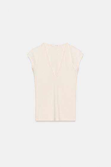 Zara RIB V-NECK T-SHIRT - Ecru