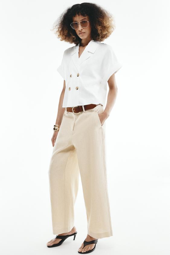PANTALÓN CULOTTE CON LINO CINTURÓN - Beige claro de Zara - Imagen 0