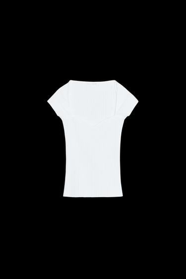 Zara RIBBED SWEETHEART NECKLINE TOP - White - Image 0