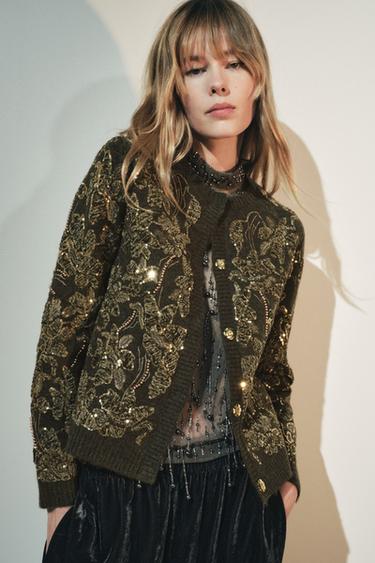 CHAQUETA COMBINADA PUNTO LENTEJUELAS - Verde de Zara