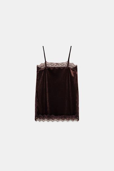توب حمالات مخملي دانتيل - بني داكن by Zara