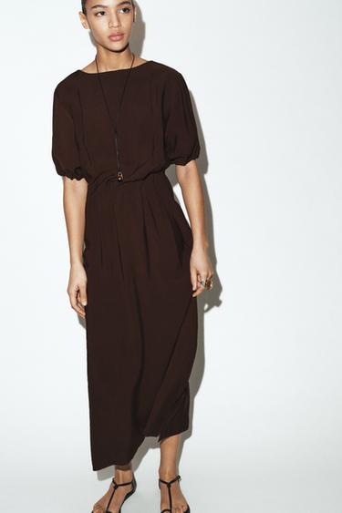 FLOWING PLEATED MIDI DRESS - Chocolate by Zara - Image 2
