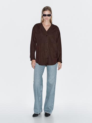 Zara V-neck shirt with pockets - Brown