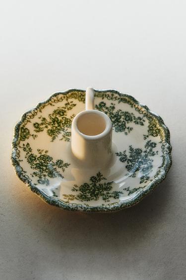 FLORAL EARTHENWARE CANDLESTICK - Dark olive by Zara