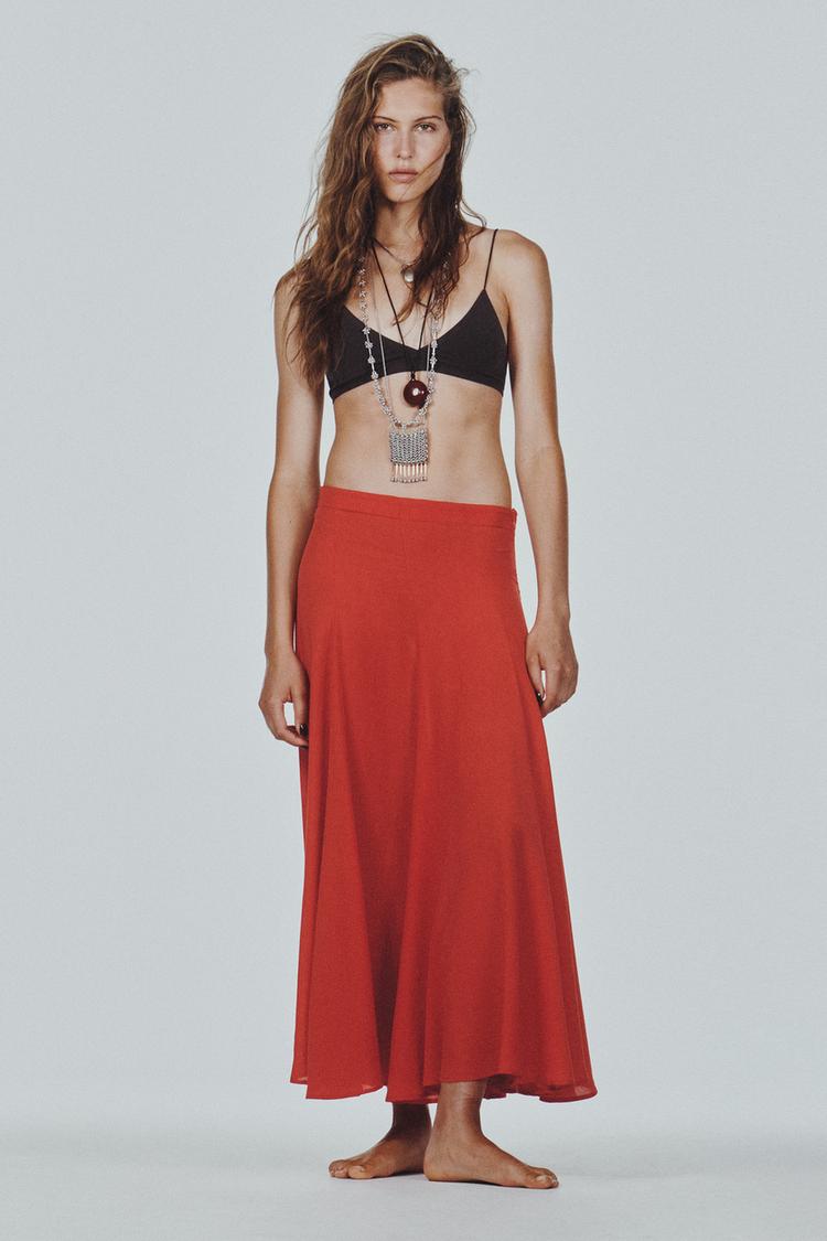 FALDA LARGA VUELO Rojo Coral ZARA España - Main Image
