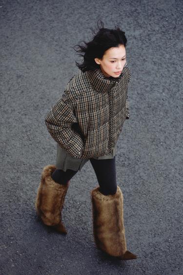 Zara 格紋絎縫連帽外套 - 棕色