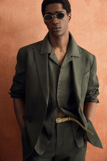 DOUBLE-BREASTED 100% LINEN SUIT BLAZER - Khaki by Zara