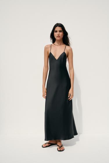 SATIN MIDI DRESS WITH CROSS STRAPS - Black by Zara