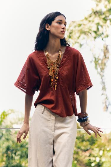 LACE TRIM LINEN BLEND TOP - Terracotta by Zara