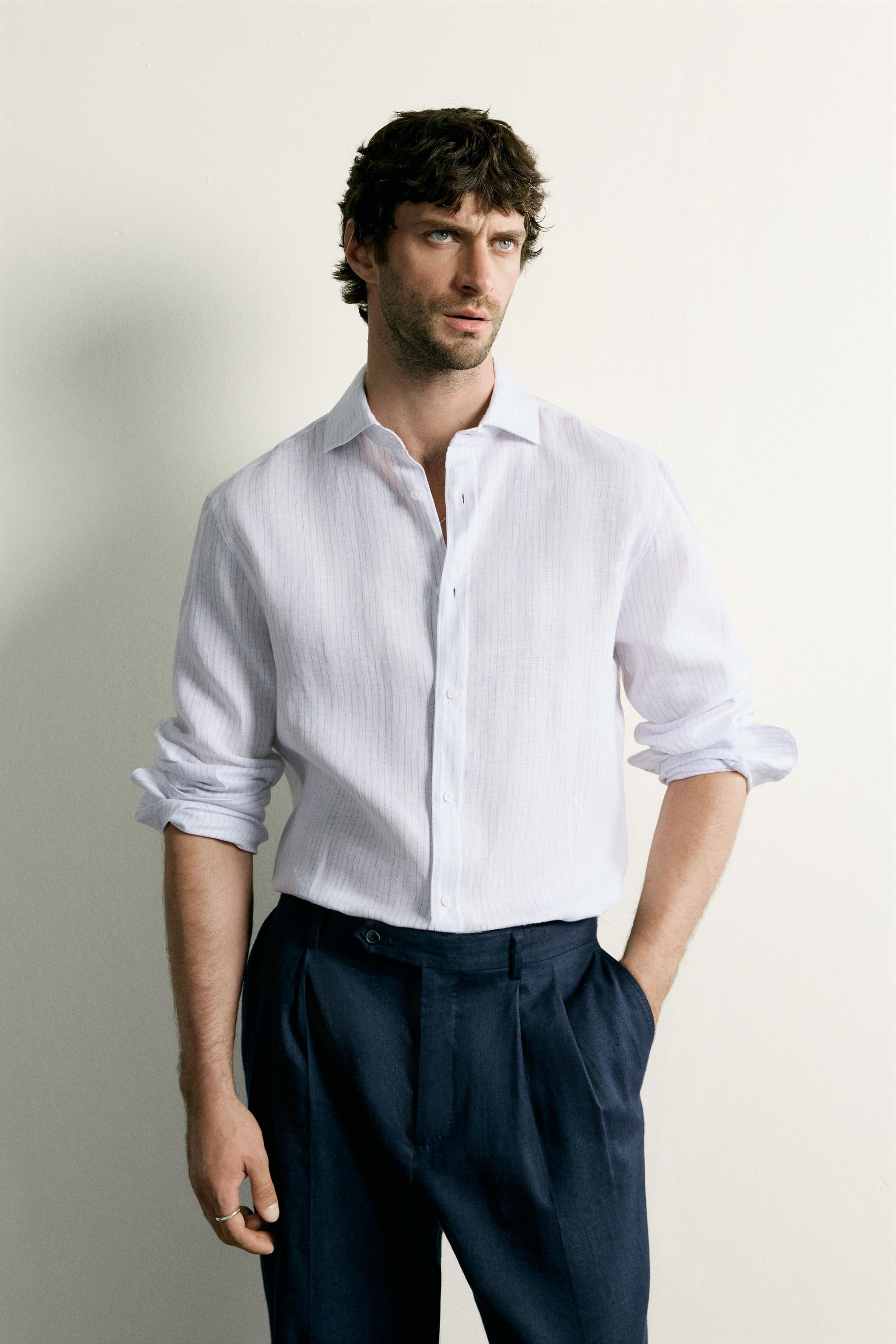 100% LINEN REGULAR FIT SHIRT — striped