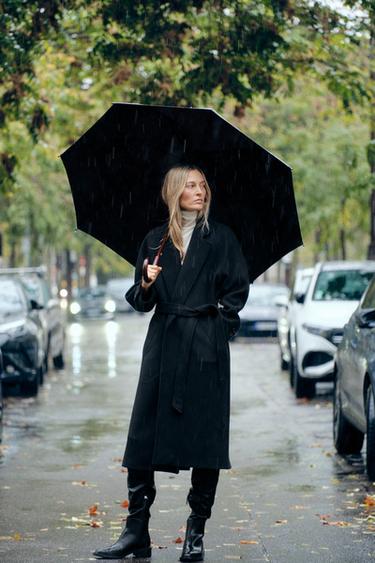 LONG MANTEAU CEINTURE AVEC LAINE - Noir de Zara - Image 3