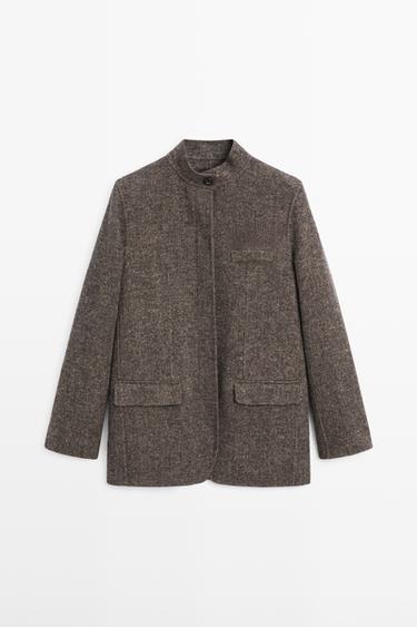 Zara Wool blend twill coat with high collar - Dark brown - Image 0
