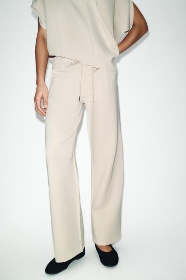 Zara INTERLOCK STRAIGHT LEG PANTS - Ecru