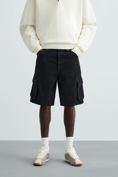 Zara CARGO DENIM SHORTS - Black