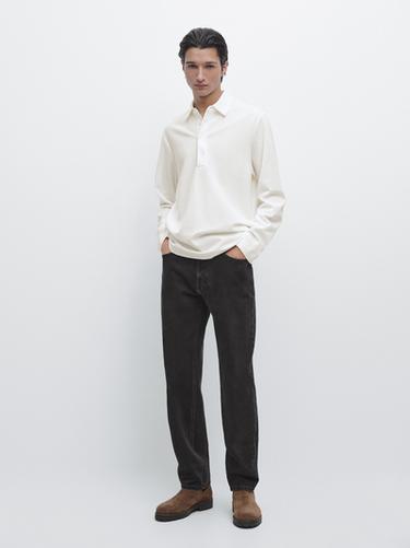Zara Piqué polo shirt with long sleeves and placket detail - White - Image 0