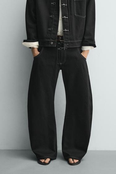 Zara 桶型剪裁盤扣長褲 - 黑色