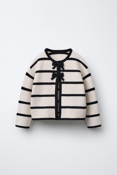 STRIPED KNIT CARDIGAN WITH BOWS - Ecru / Black by Zara