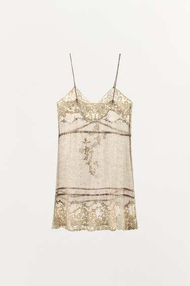 PRINTED ORGANZA DRESS WITH EMBROIDERY - Ecru by Zara - Image 4