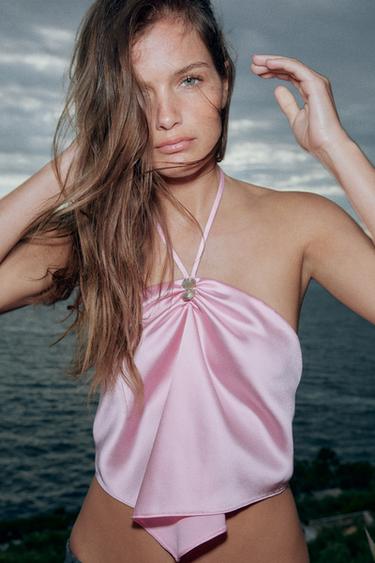 ЖІБЕК АТЛАС ХАЛТЕР ТОП - Қызғылт Zara компаниясынан