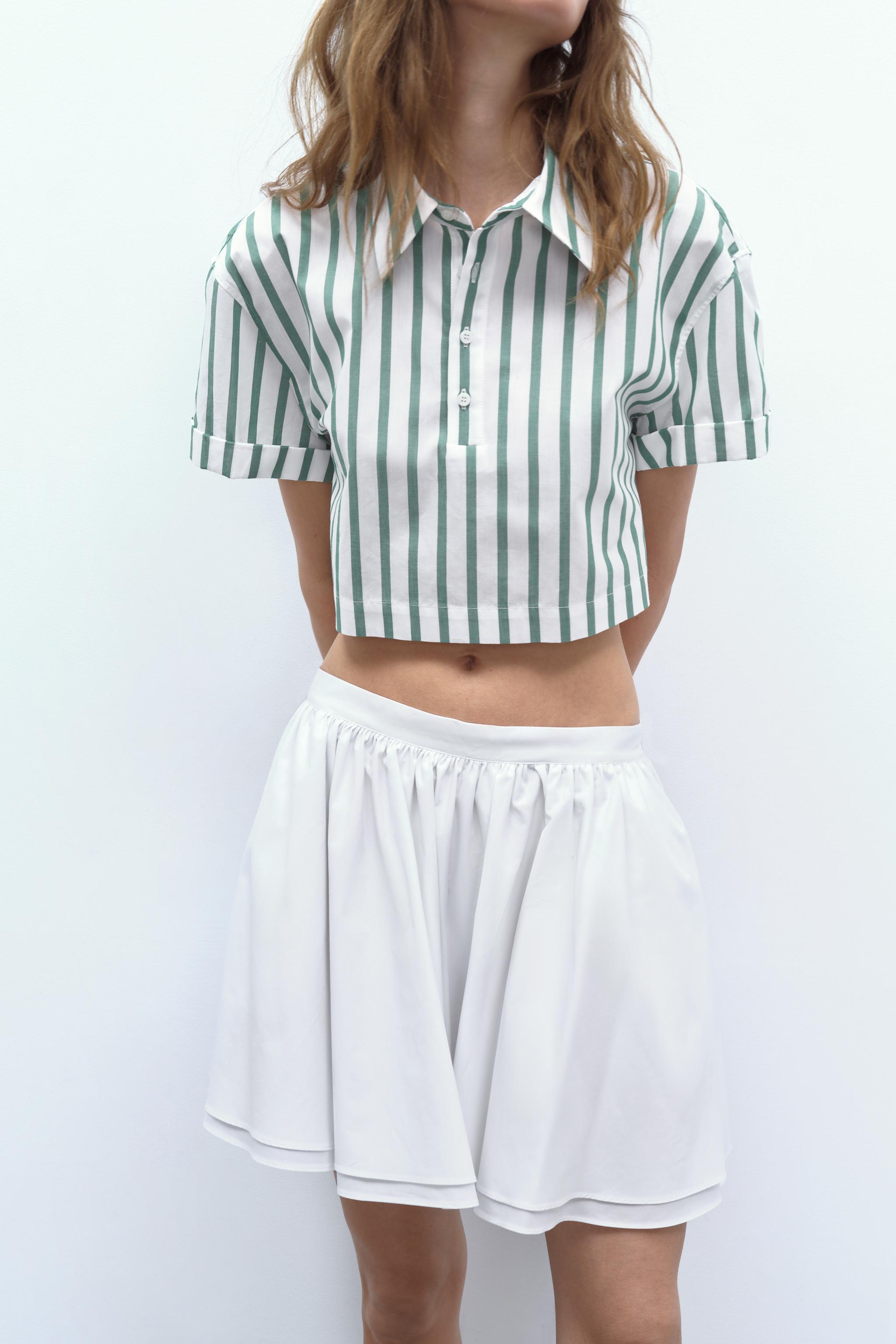 ストライプポプリン クロップドシャツ - ホワイト/グリーン | ZARA