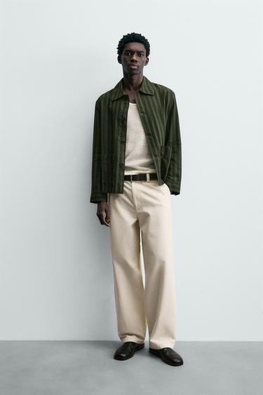 SOBRECAMISA LINO - VISCOSA RAYAS - Khaki oscuro de Zara - Imagen 0