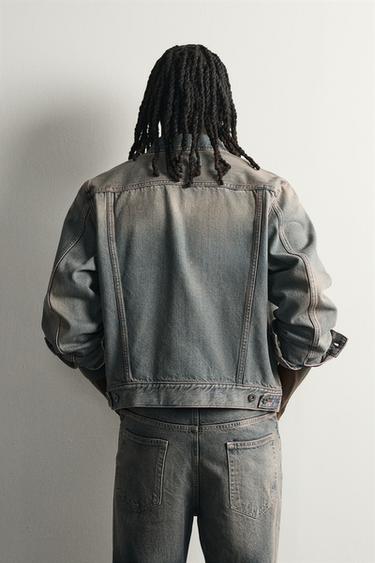 CROPPED FIT TOPSTITCHED DENIM JACKET — Blue / Green 2
