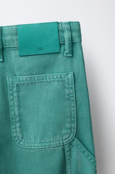 Zara WAXED EFFECT CARPENTER PANTS - Turquoise