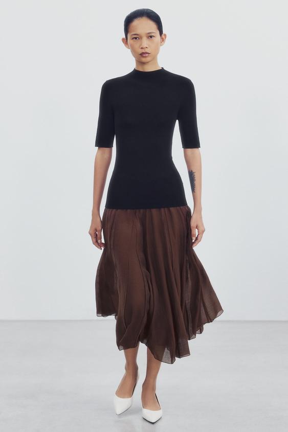 Zara ZW COLLECTION FLOWY COMBINED SKIRT - Chocolate - Image 0