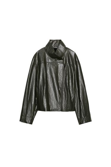 Front view of a grey jacket with a faux leather effect, wrap-around collar, long sleeves, and a metal zip front fastening.