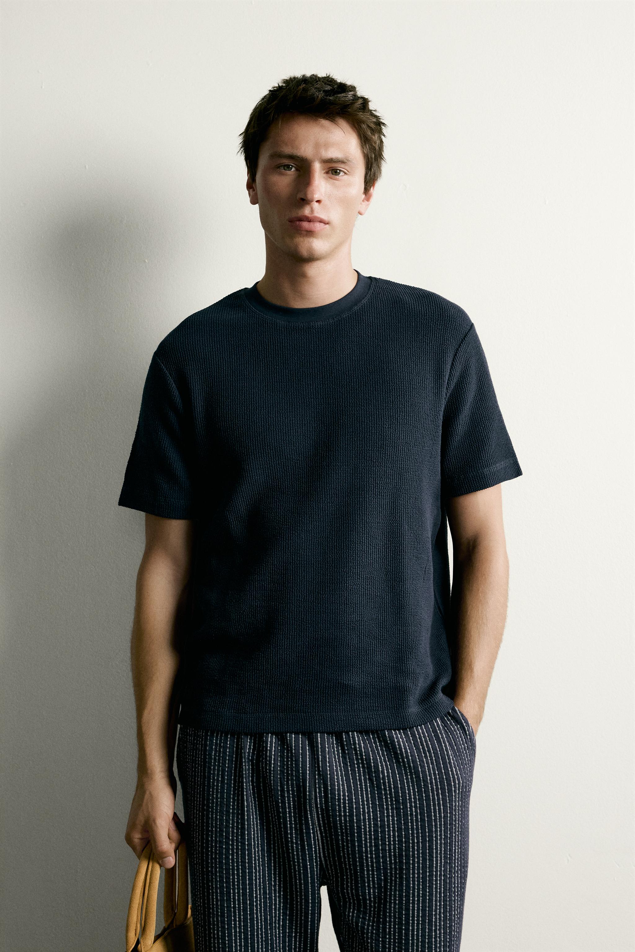 SEERSUCKER REGULAR FIT T-SHIRT — Navy blue