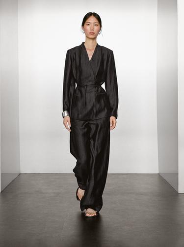 Zara Linen blend palazzo trousers with darts - Black