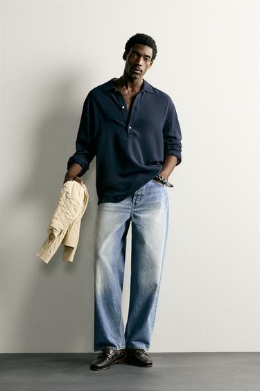 Zara REGULAR FIT VISCOSE-LINEN POLO SHIRT - Navy blue